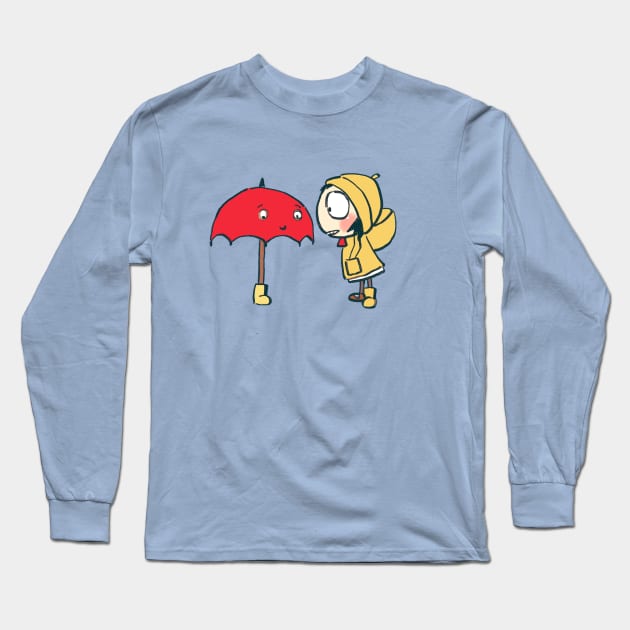 sarah sharing her boots with red umbrella / sarah and duck Long Sleeve T-Shirt by mudwizard